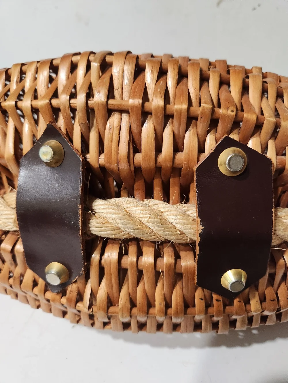 Farmhouse Fishing Creel Wicker Basket Handbag Leather Accents
